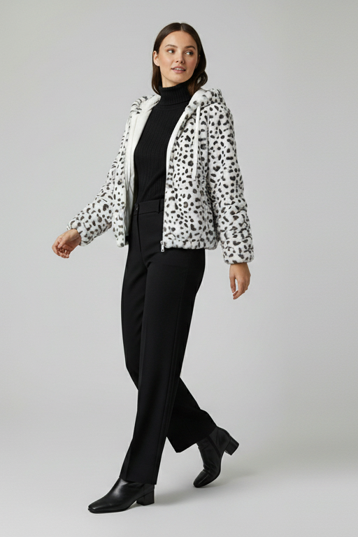 Woman wearing a patterned jacket over a black top and pants on a gray background