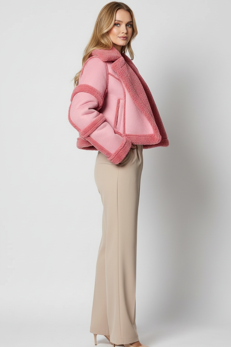 Woman wearing a pink coat and beige pants on a white background