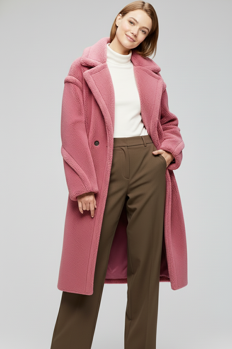 Woman wearing a pink coat, white sweater, and brown pants on a gray background
