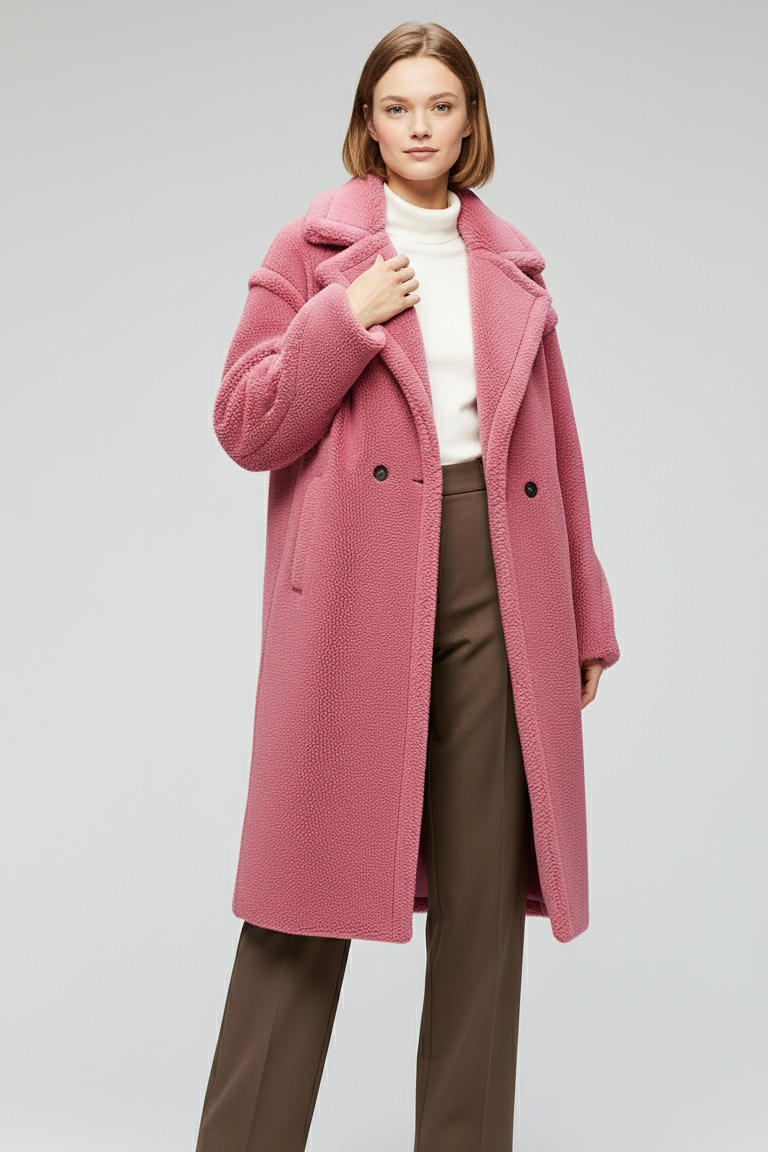 Woman wearing a pink coat with a white background
