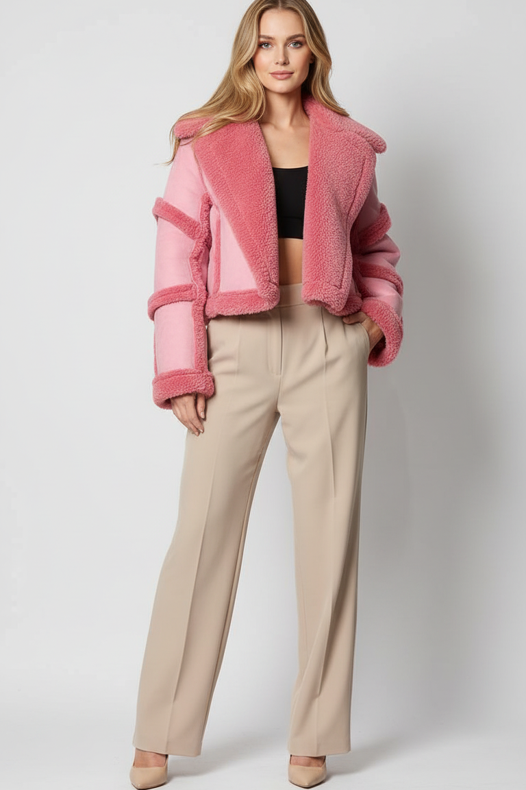 Woman wearing a pink fleece jacket and beige pants on a white background