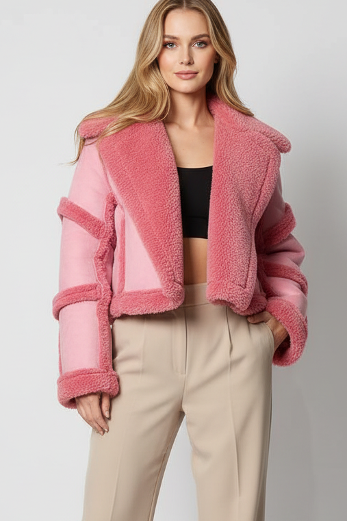 Woman wearing a pink fleece jacket on a white background