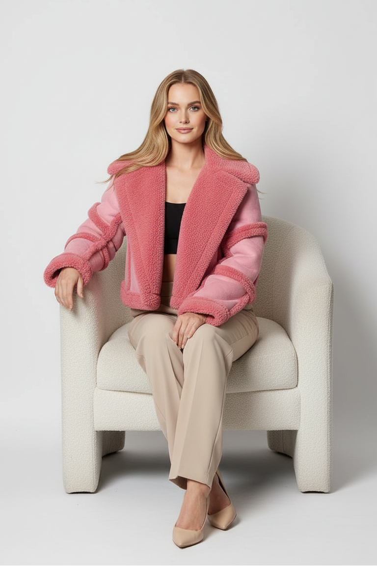 Woman wearing a pink fluffy jacket sitting on a white chair against a white background