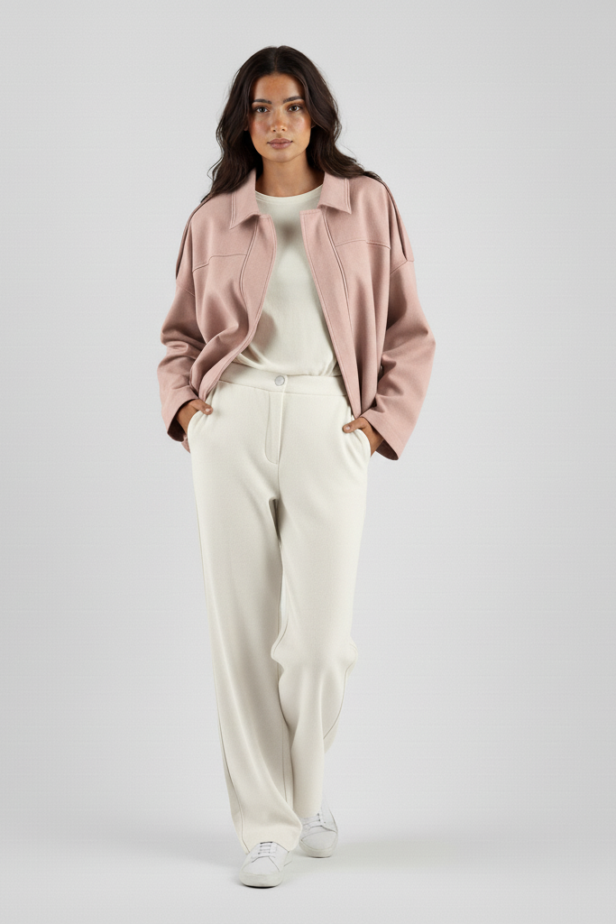 Woman wearing a pink jacket and white pants on a plain background