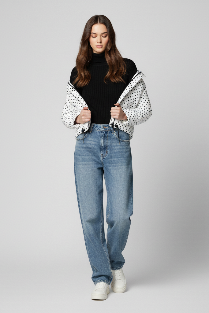 Woman wearing a polka dot blouse, black turtleneck, blue jeans, and white sneakers on a gray background