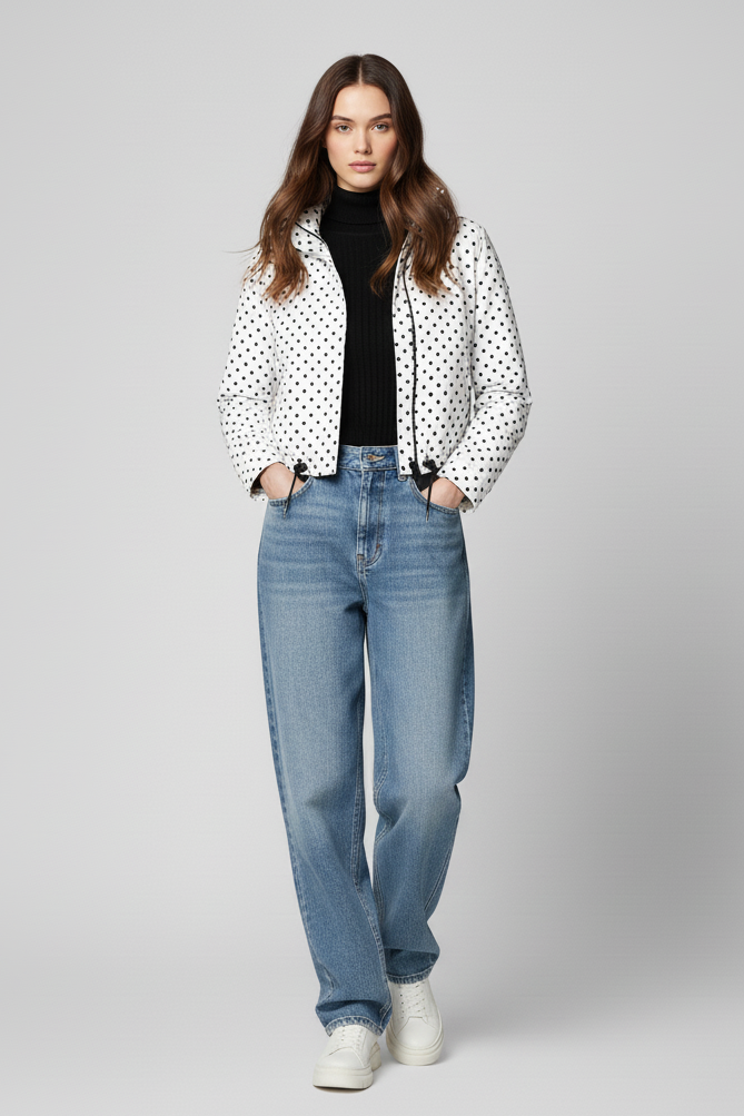 Woman wearing a polka dot jacket, black top, blue jeans, and white sneakers on a gray background