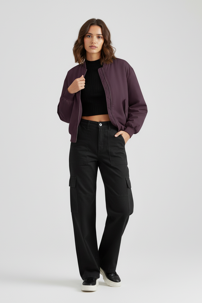 Woman wearing a purple jacket and black pants on a white background