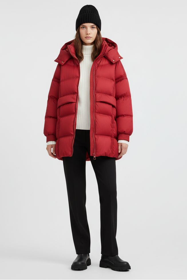 Woman wearing a red puffer jacket and beige pants on a white background