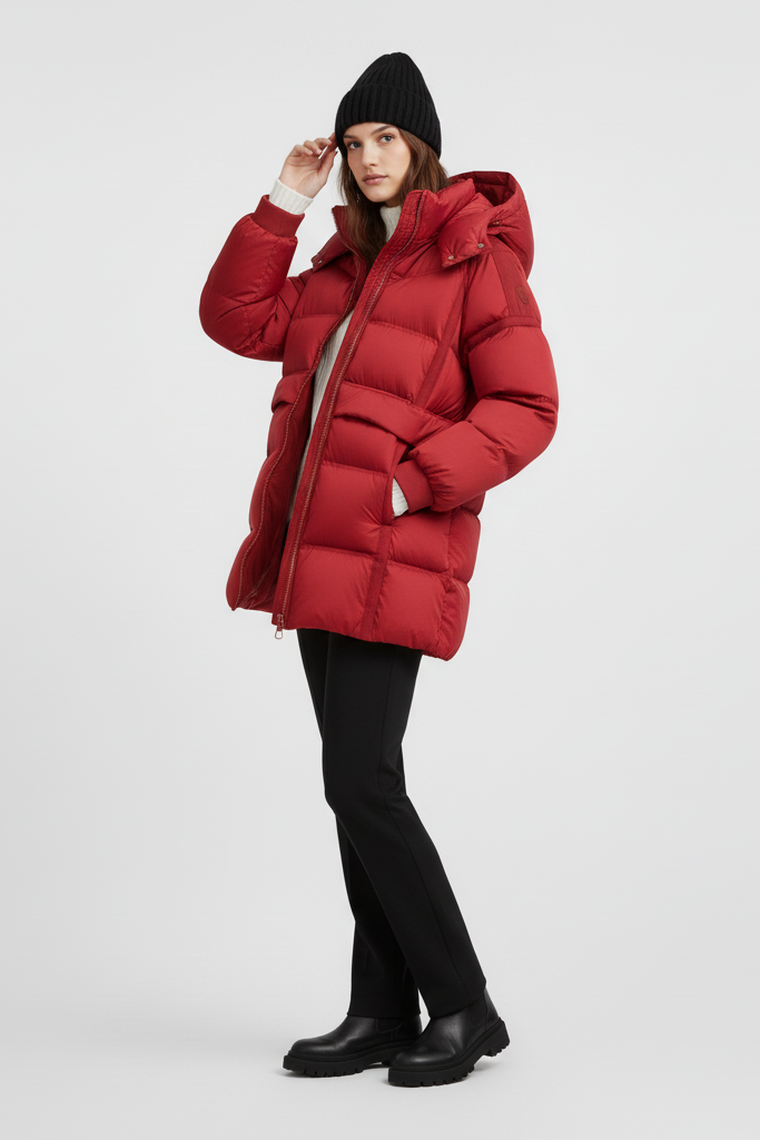 Woman wearing a red puffer jacket and beige pants on a white background