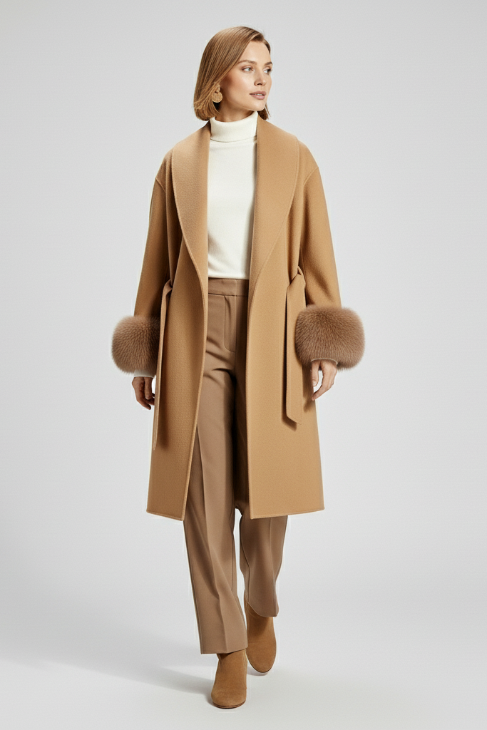 Woman wearing a tan coat with fur trim on a light gray background