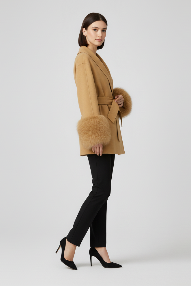 Woman wearing a tan coat with fur trim on a white background