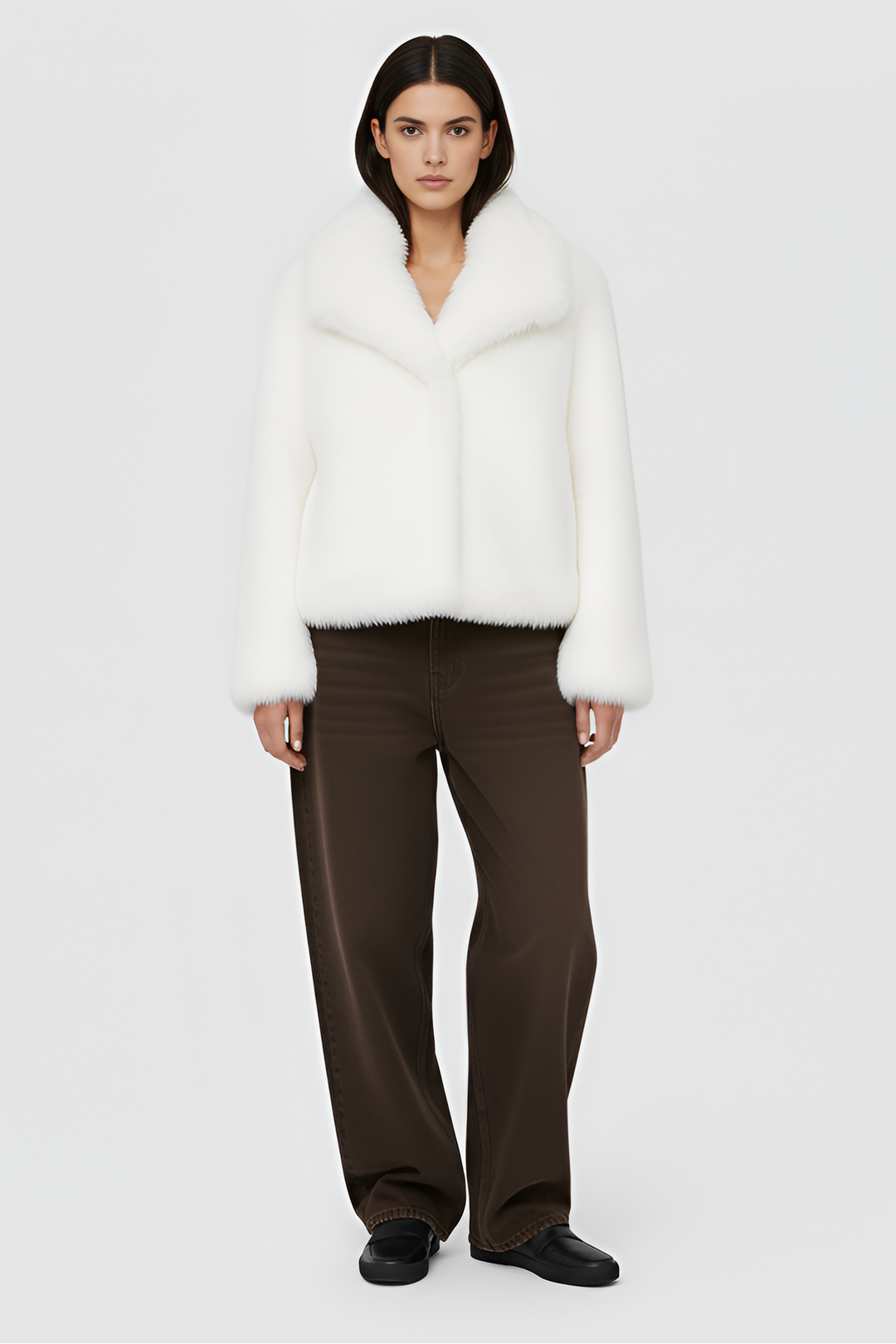 Woman wearing a white outfit with a coat on a plain background