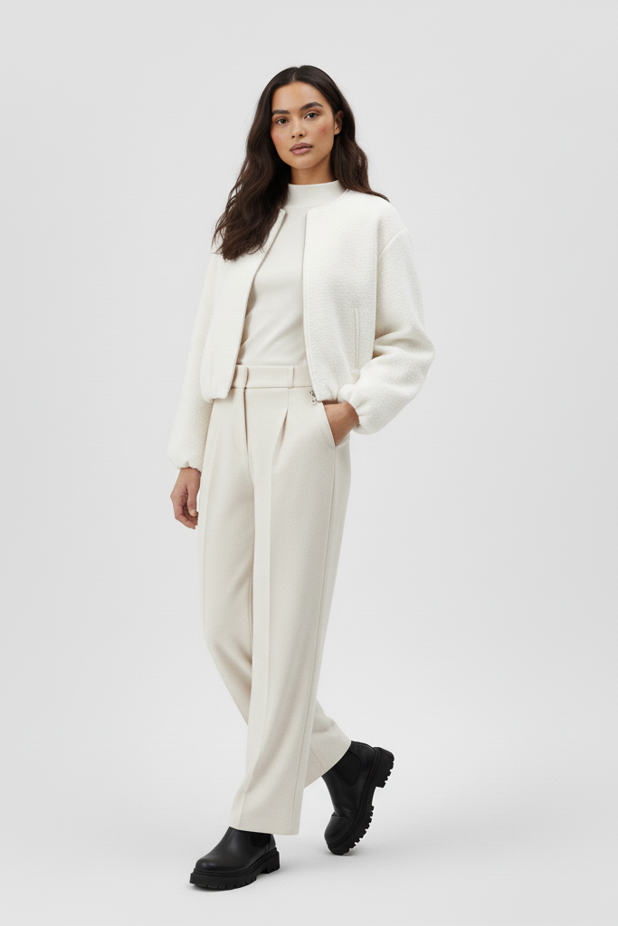Woman wearing a white suit on a plain background