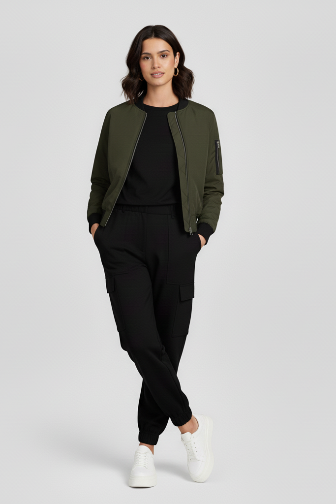 Woman wearing an olive green bomber jacket and black pants on a white background