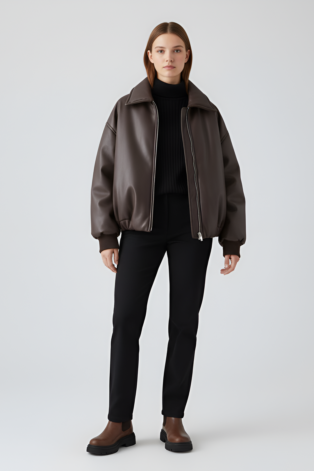 Woman wearing oversized faux leather cropped jacket brown styled with denim streetwear outfit