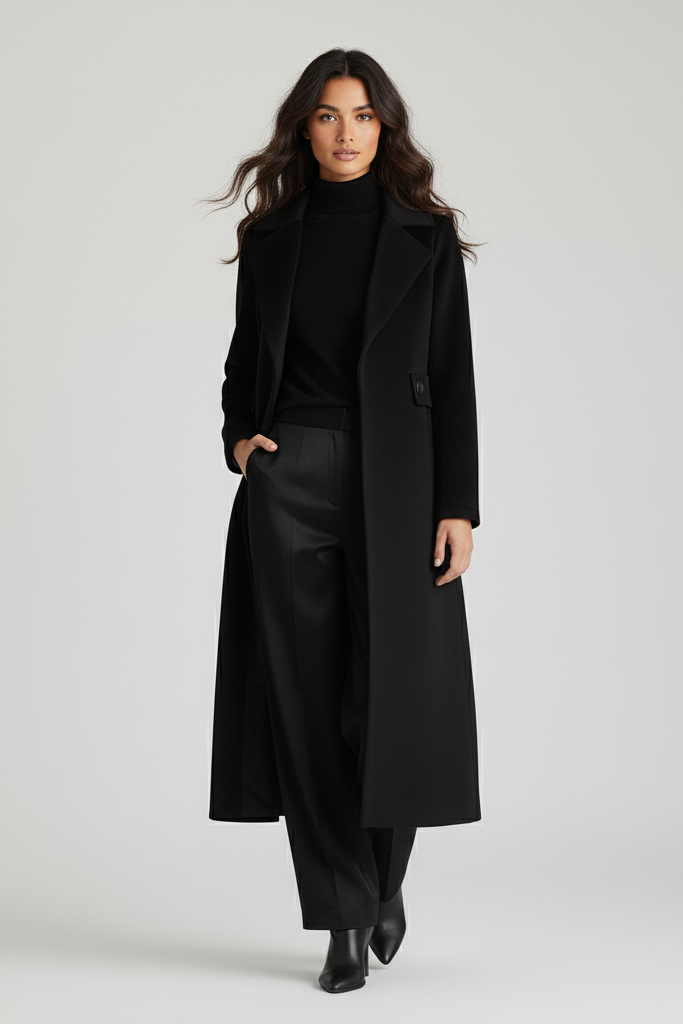 Woman wearing a black coat and pants on a light gray background