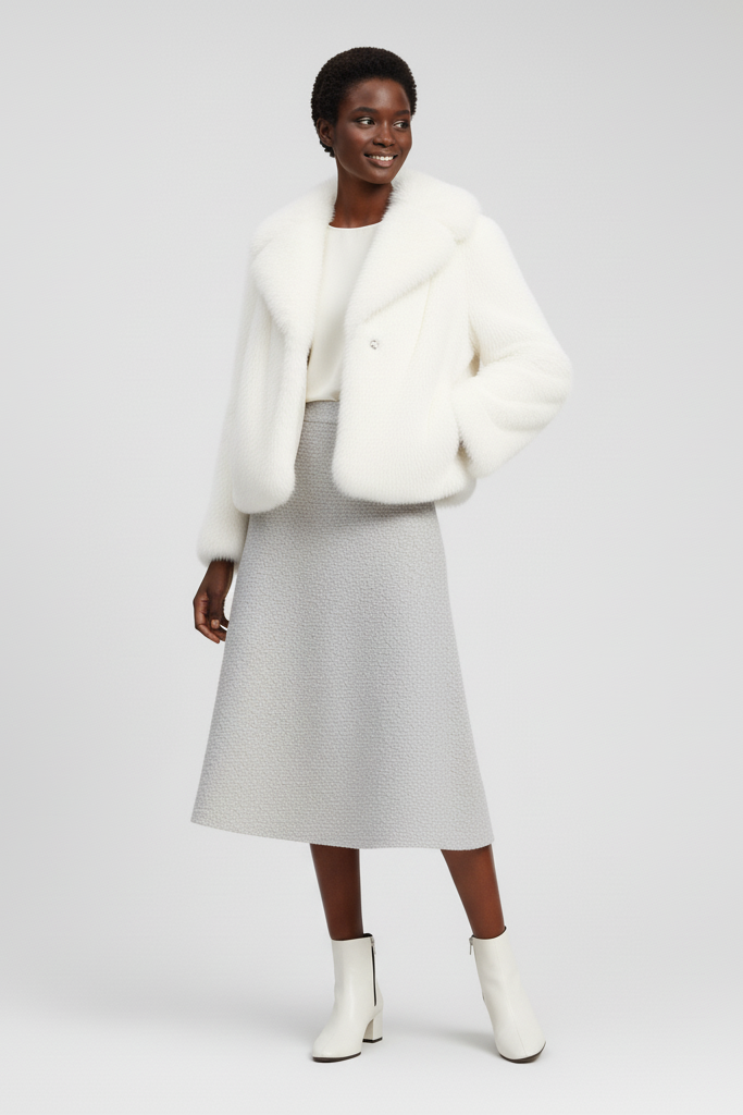 Woman wearing the RAELORA faux fur coat during a winter outdoor walk.