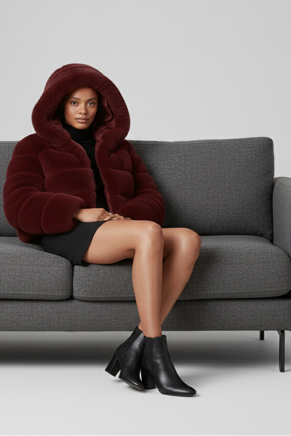 Woman wearing the VELMIRA hooded faux fur jacket during a winter day out.