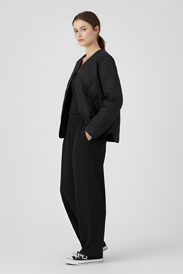 Women's Quilted Jacket – Quilted Parka Jacket – Studio Front View Black