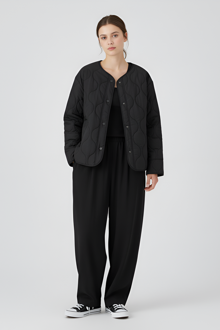 Women's Quilted Jacket Quilted Parka Jacket – Studio Front View Black