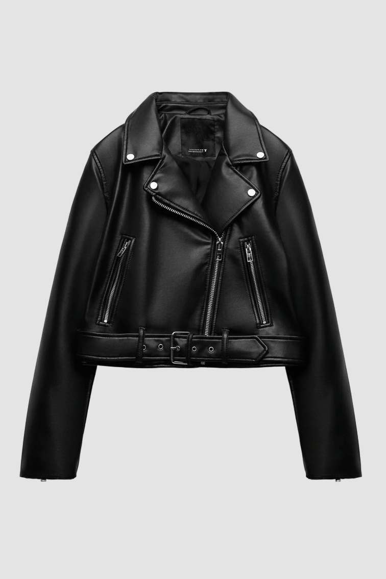 Women’s black cropped leather jacket with front zipper closure and adjustable waist belt