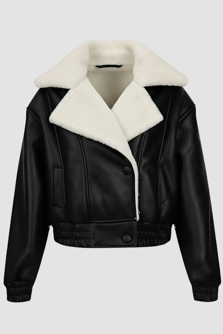 Women’s cropped faux shearling leather jacket with oversized white lapel collar and warm fleece lining
