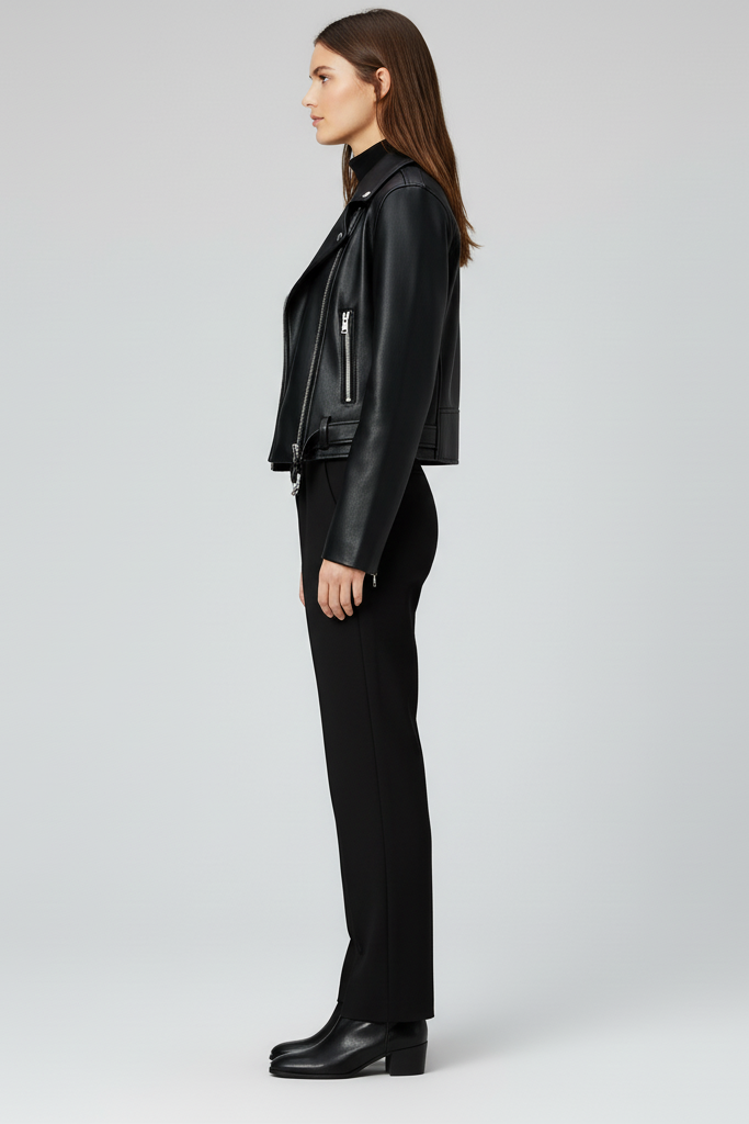 Women’s cropped leather jacket with turn-down collar and side zipped pockets, premium black finish