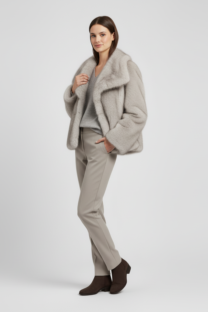 Women’s deep red faux fur short coat with cascading collar displayed studio-style.