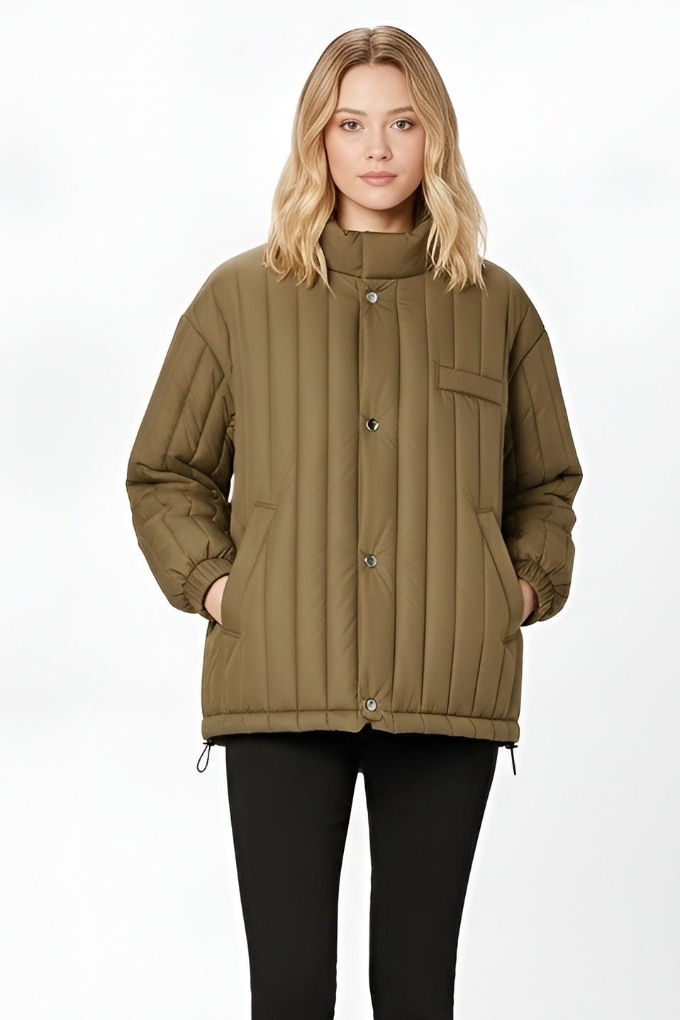 Women’s duck-down puffer coat in khaki with minimalist quilting