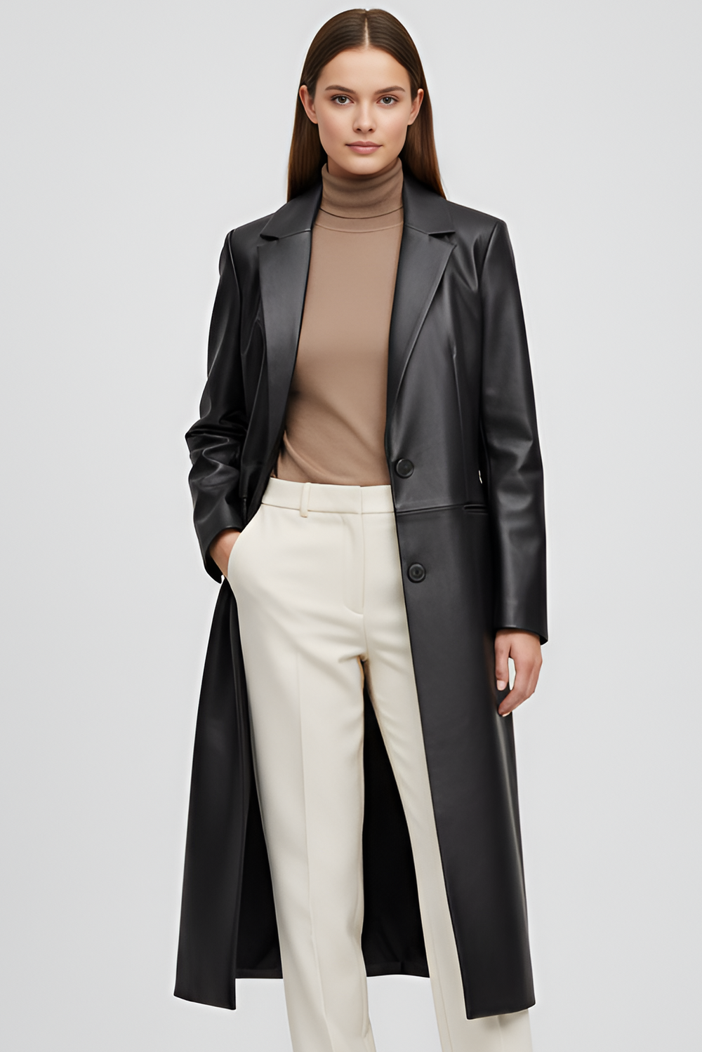 Women’s long black faux leather trench coat with single button closure and sharp lapel collar