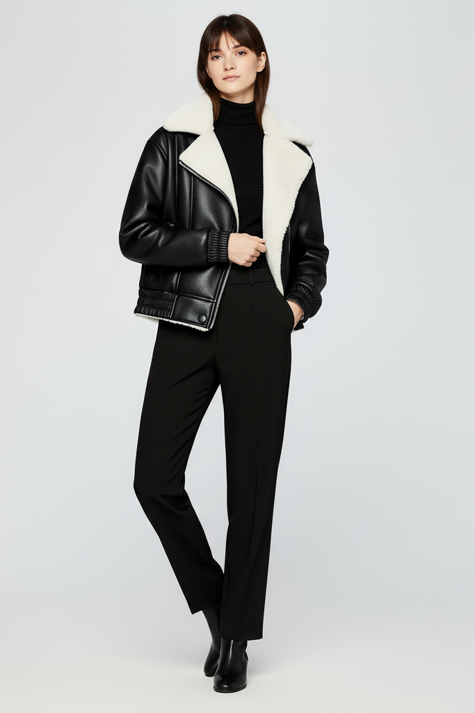 Women’s warm PU leather coat with white fleece collar and elegant regular fit sleeves