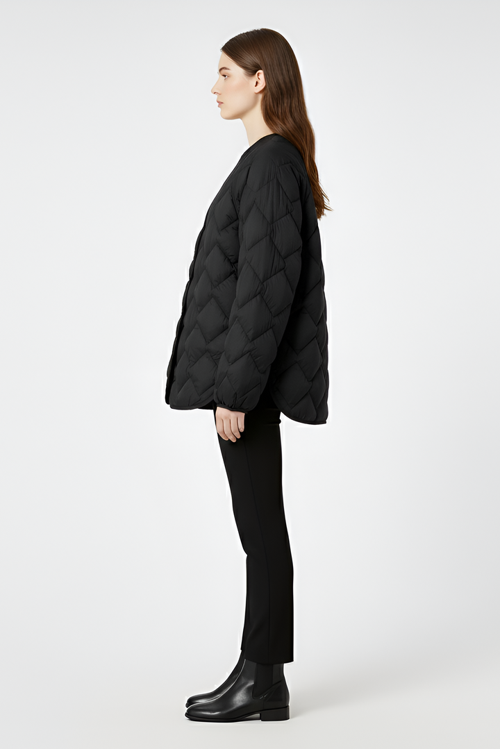 Women’s warm down quilted coat sleeve and texture close-up