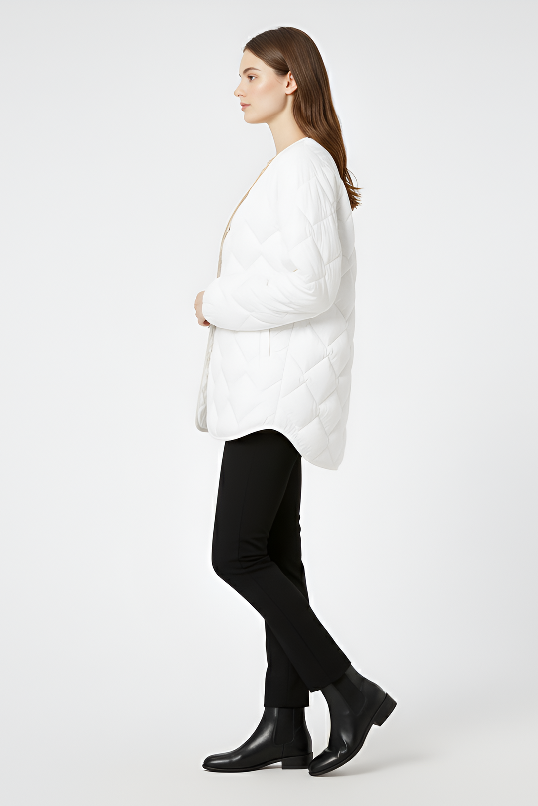 Women’s warm down quilted coat sleeve and texture close-up