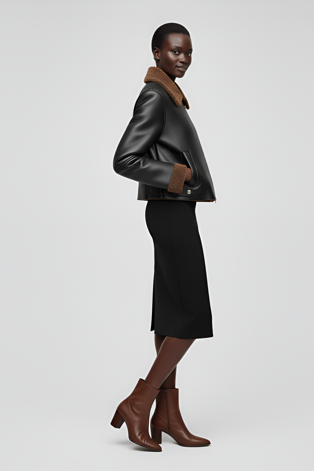 Women’s winter cropped PU leather jacket with fleece accents.