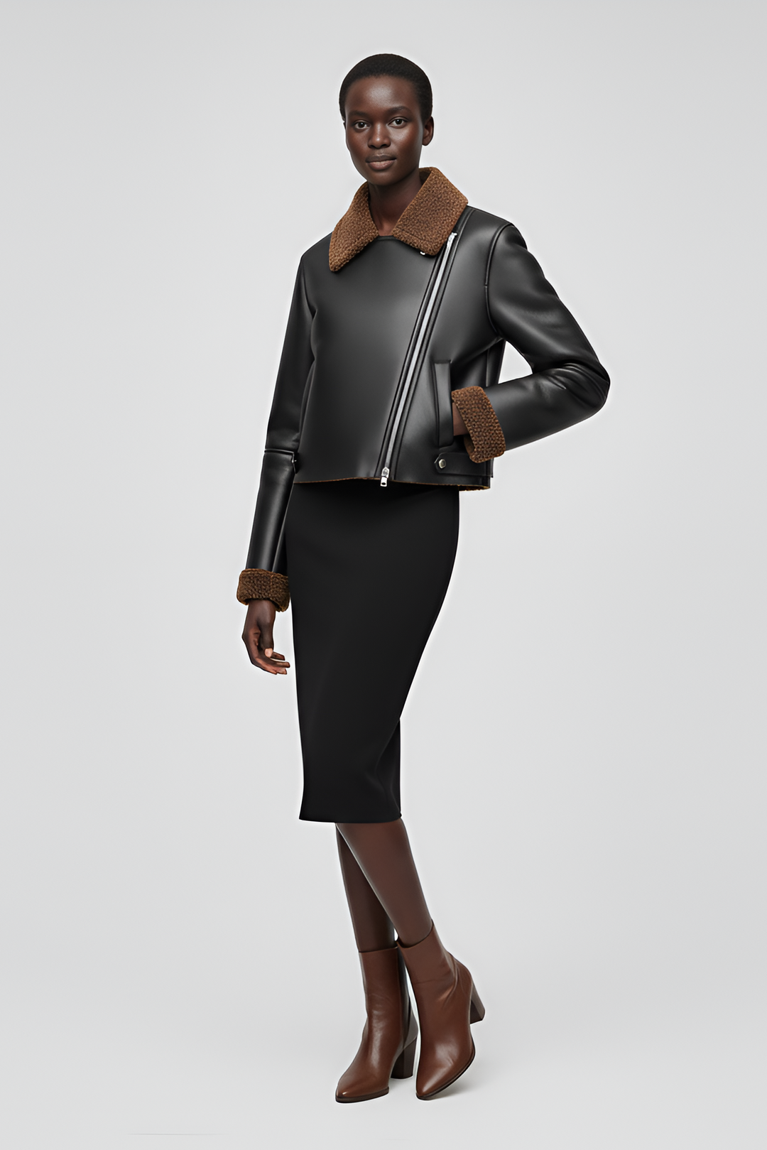 Women’s winter cropped PU leather jacket with fleece accents.