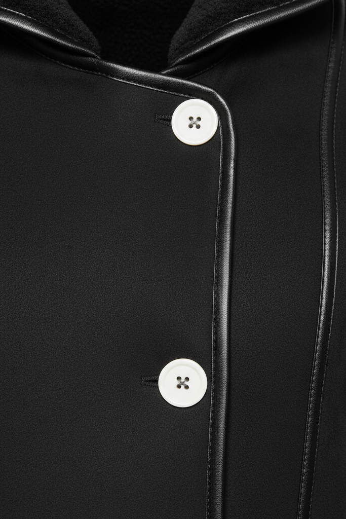 Side profile of the YALVINE short winter jacket with wool lining and functional pockets.