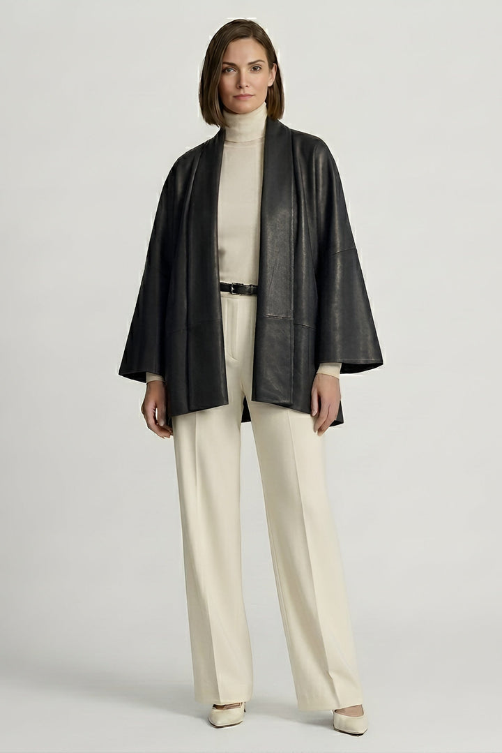 ZOE - Black leather kimono jacket on model
