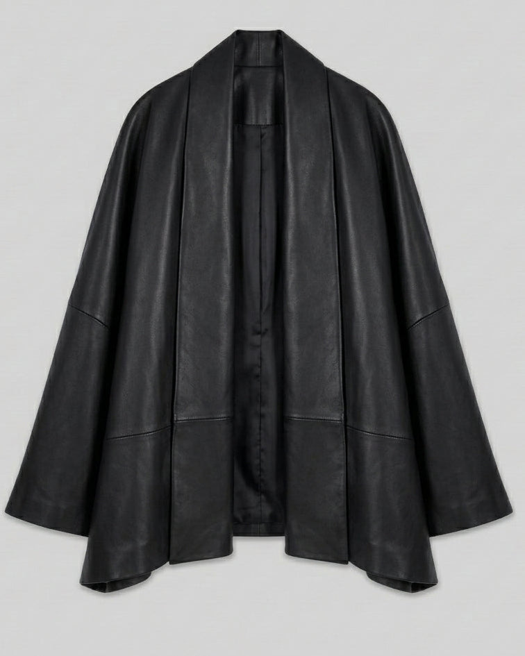 ZOE - Black leather kimono jacket, three-quarter view