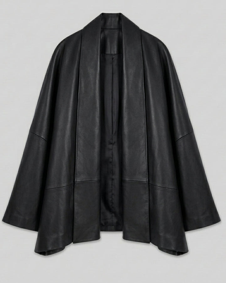 ZOE - Black leather kimono jacket, three-quarter view