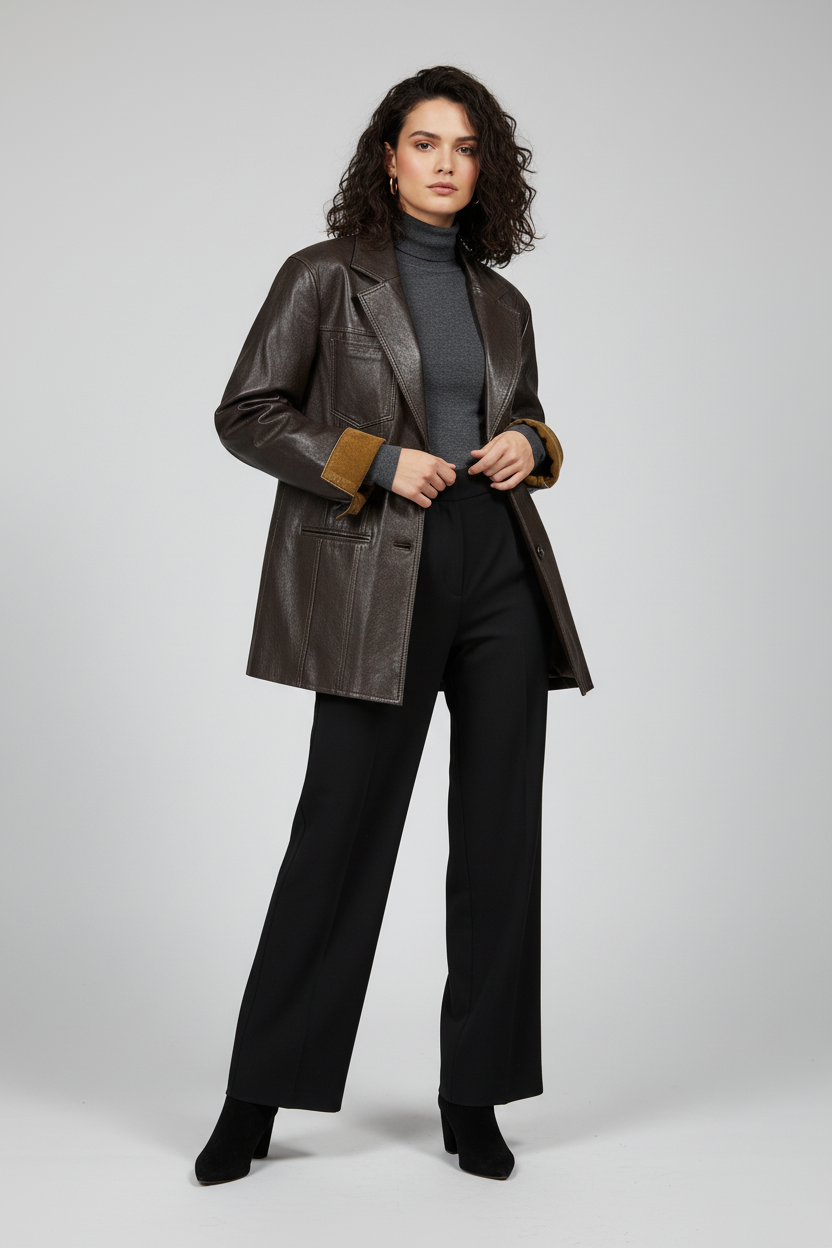 ADDISON - Vegetable-Tanne - dark brown, faux leather, oversized blazer, quiet luxury