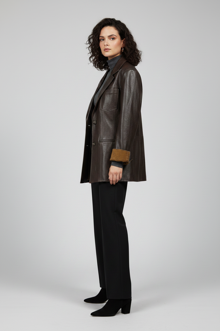 ADDISON - Vegetable-Tanne - dark brown faux leather blazer, oversized, tan suede cuffs