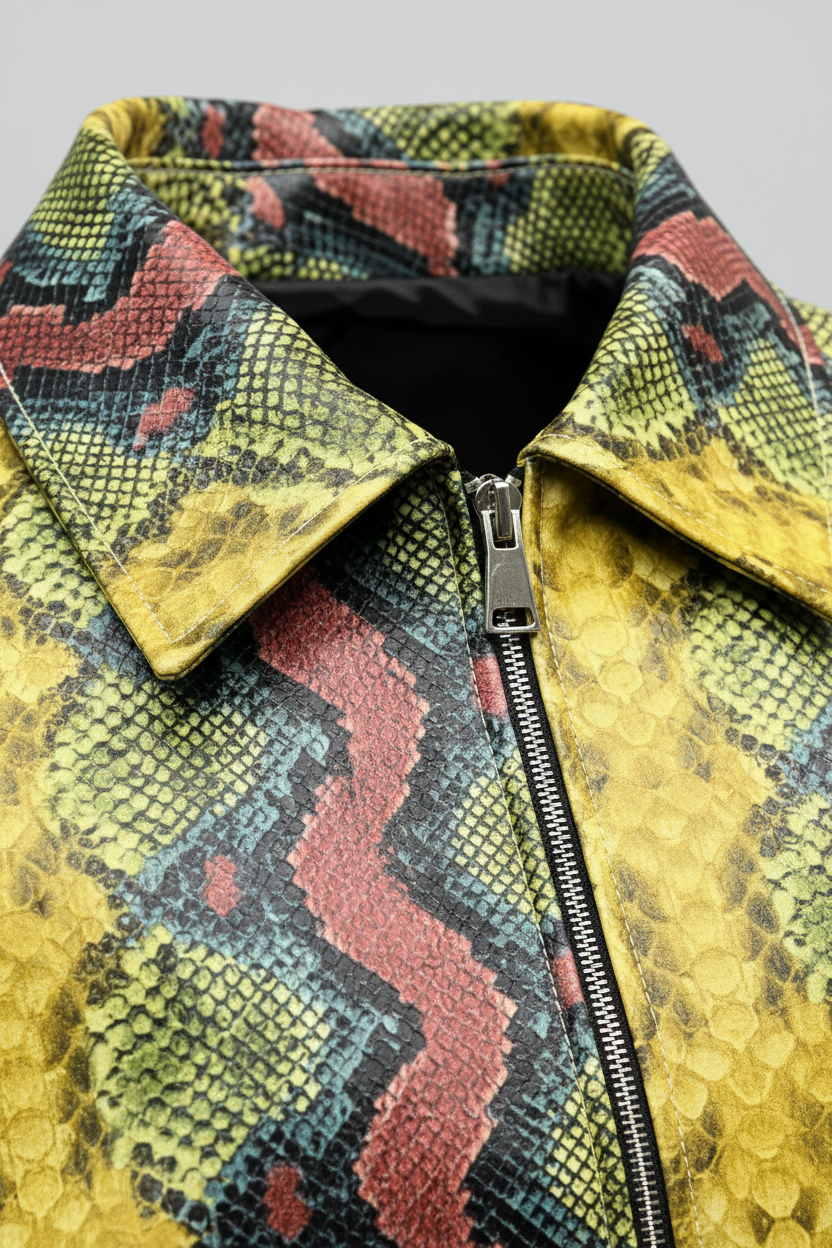 ALNERA - Snake Pattern Jacket - collar detail, textured fabric, luxury finish