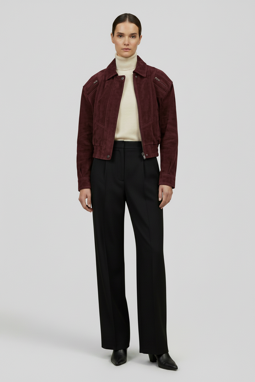ANNE - Suede Bomber Jacket - Burgundy Suede Quiet Luxury