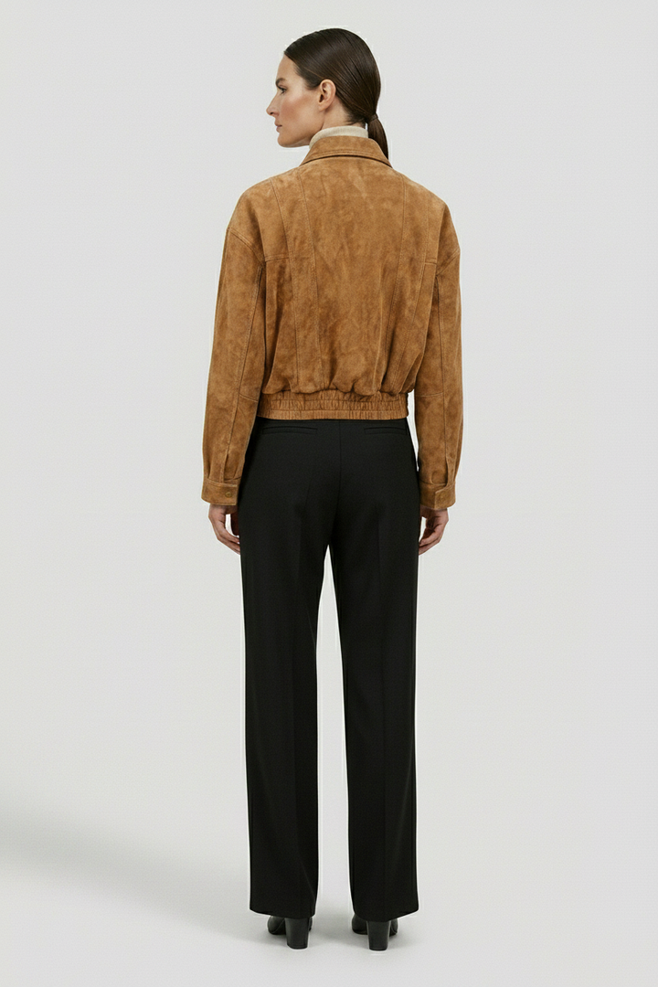 ANNE - Suede Bomber Jacket - Camel, suede, elegant Jacket on model, rear view