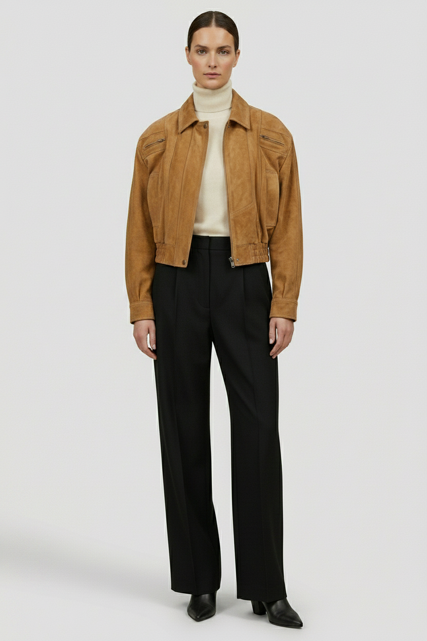 ANNE - Suede Bomber Jacket - Camel, suede, timeless, elegant Jacket on model