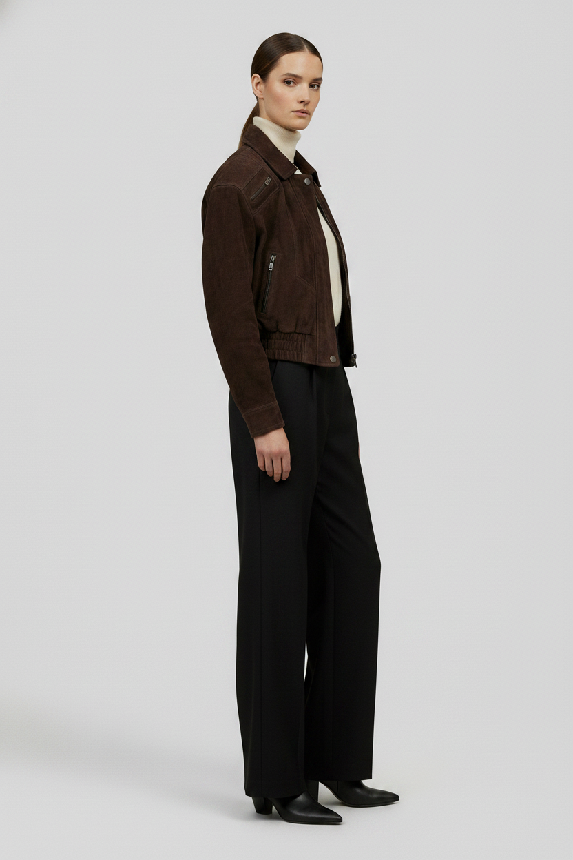 ANNE - Suede Bomber Jacket - Dar Brown quiet luxury outerwear, side profile