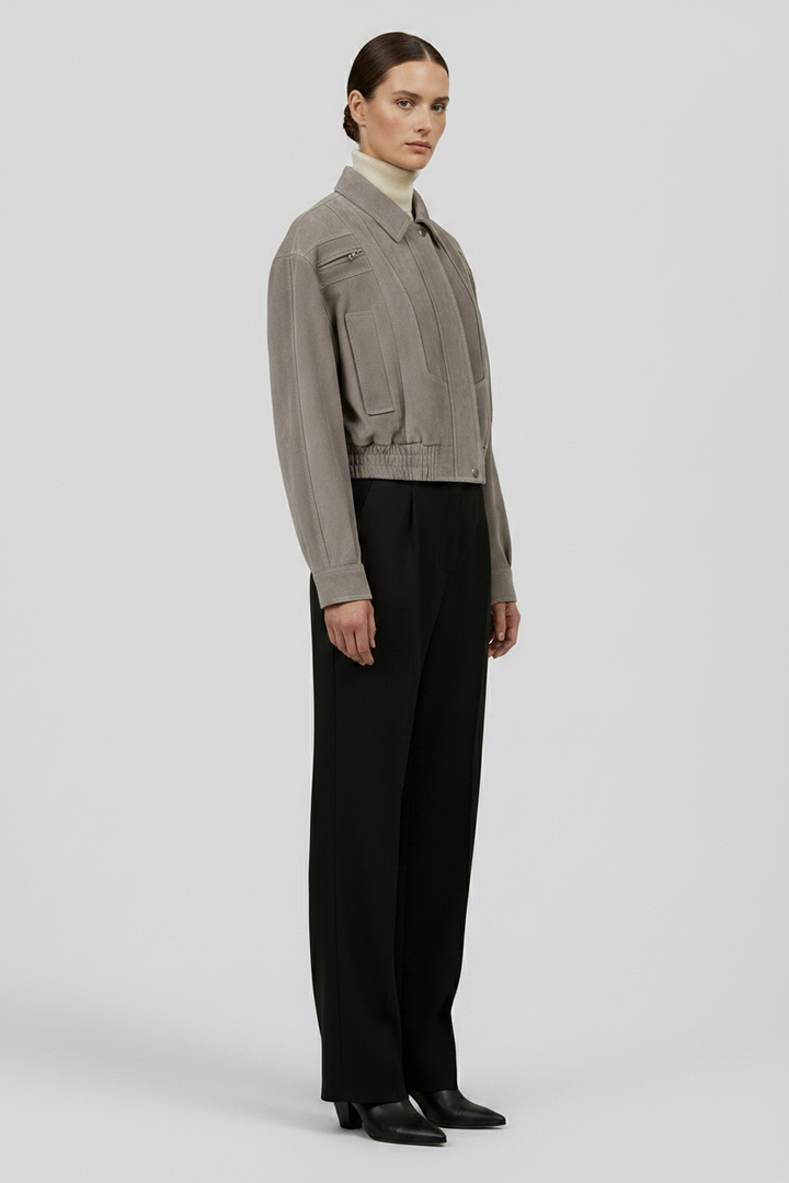 ANNE - Suede Bomber Jacket - Grey butter-soft, premium Jacket, side profile