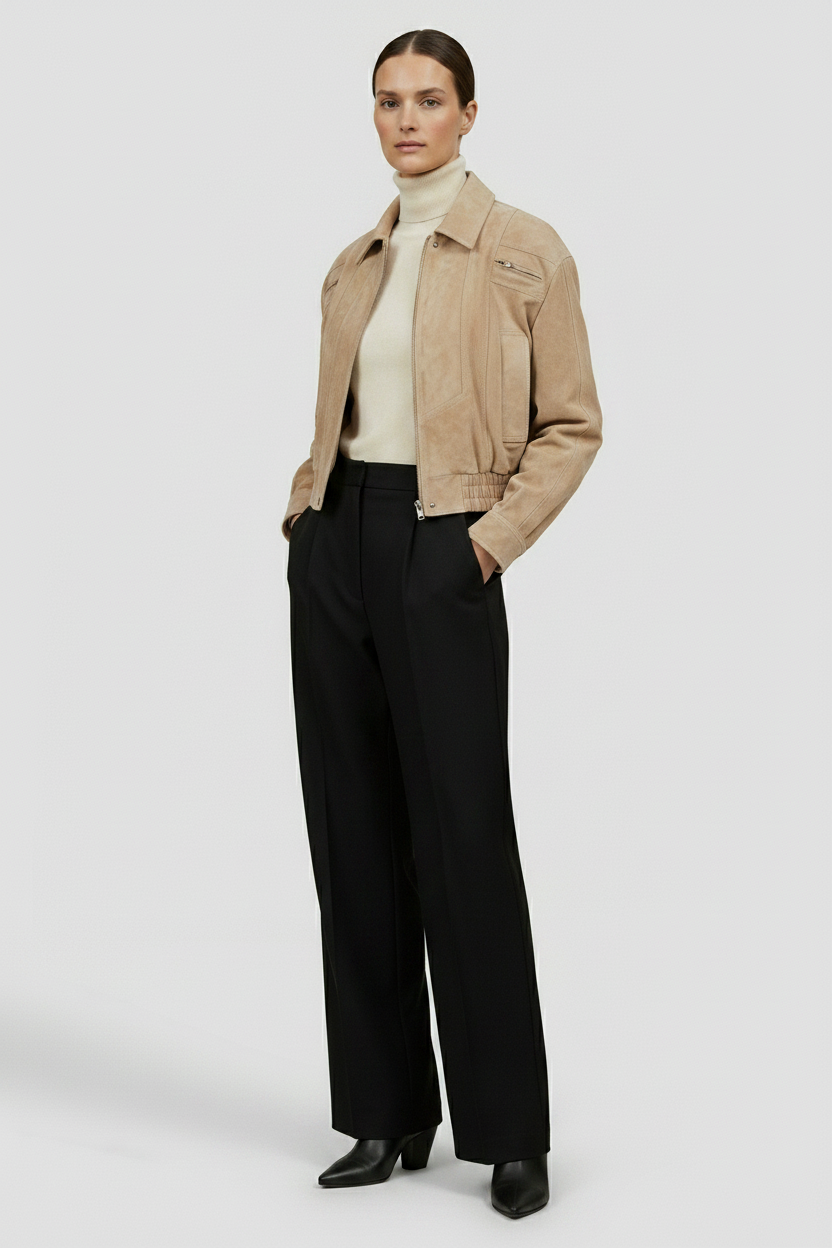 ANNE - Suede Bomber Jacket - Luxury Elegant Timeless, relaxed posture shot