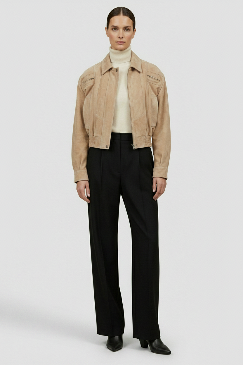 ANNE - Suede Bomber Jacket - quiet luxury studio, front view