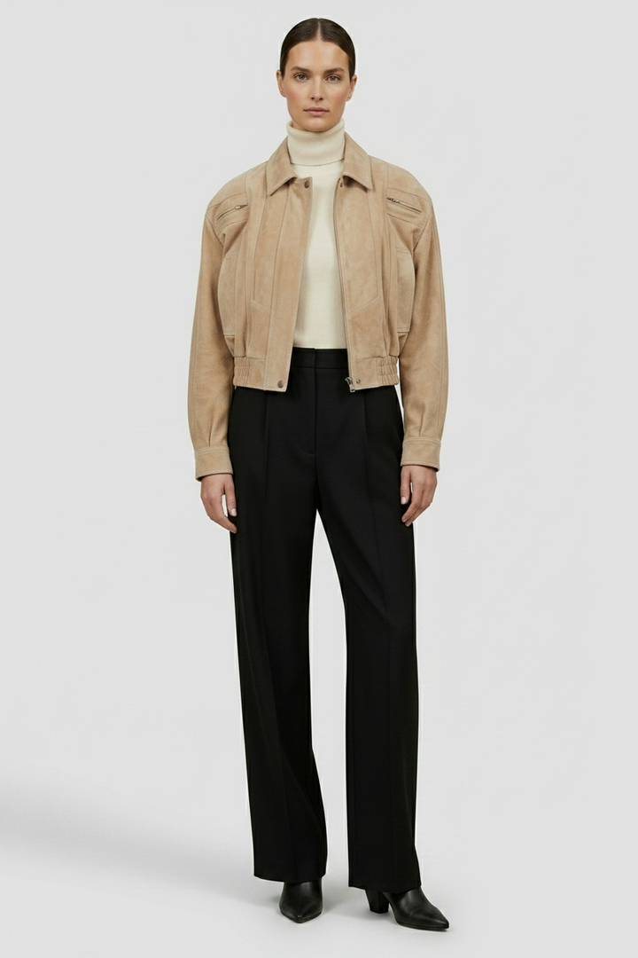 ANNE - Suede Bomber Jacket - quiet luxury studio, front view